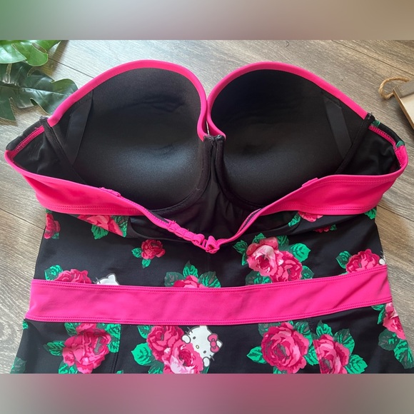 Torrid x Hello Kitty Black and Pink Floral Underwire Strapless One Piece Suit. 1 - Picture 5 of 14